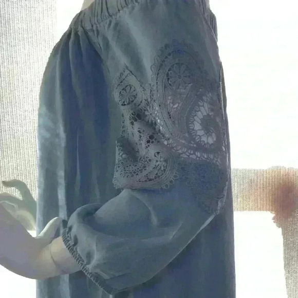 Neiman Marcus Tunic/Dress;denim with lace; Off shoulder, avant garde, cute, chic - Picture 2 of 5